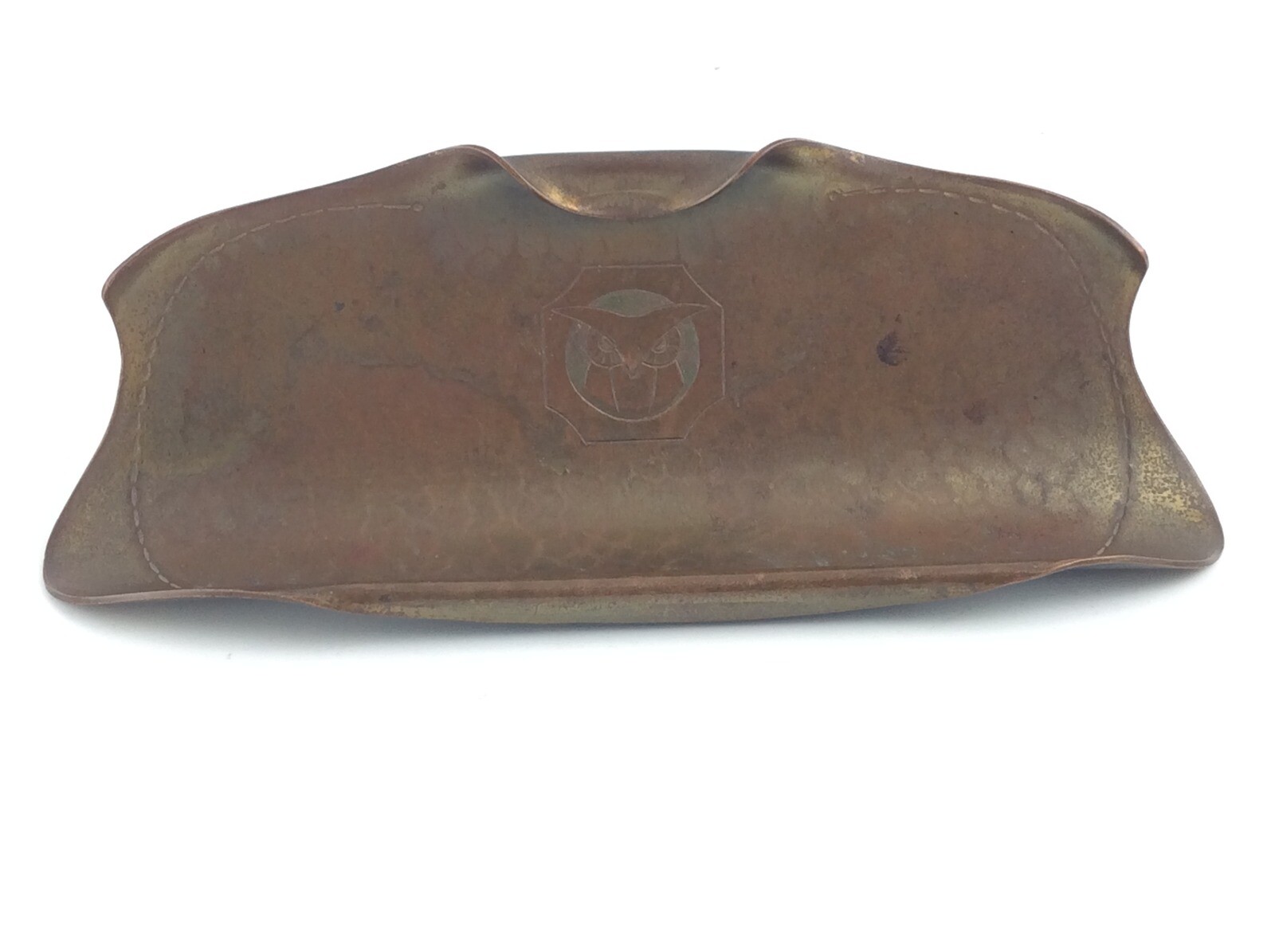 Antique Arts & Crafts Roycroft  hammered copper desk pen tray with Owl
