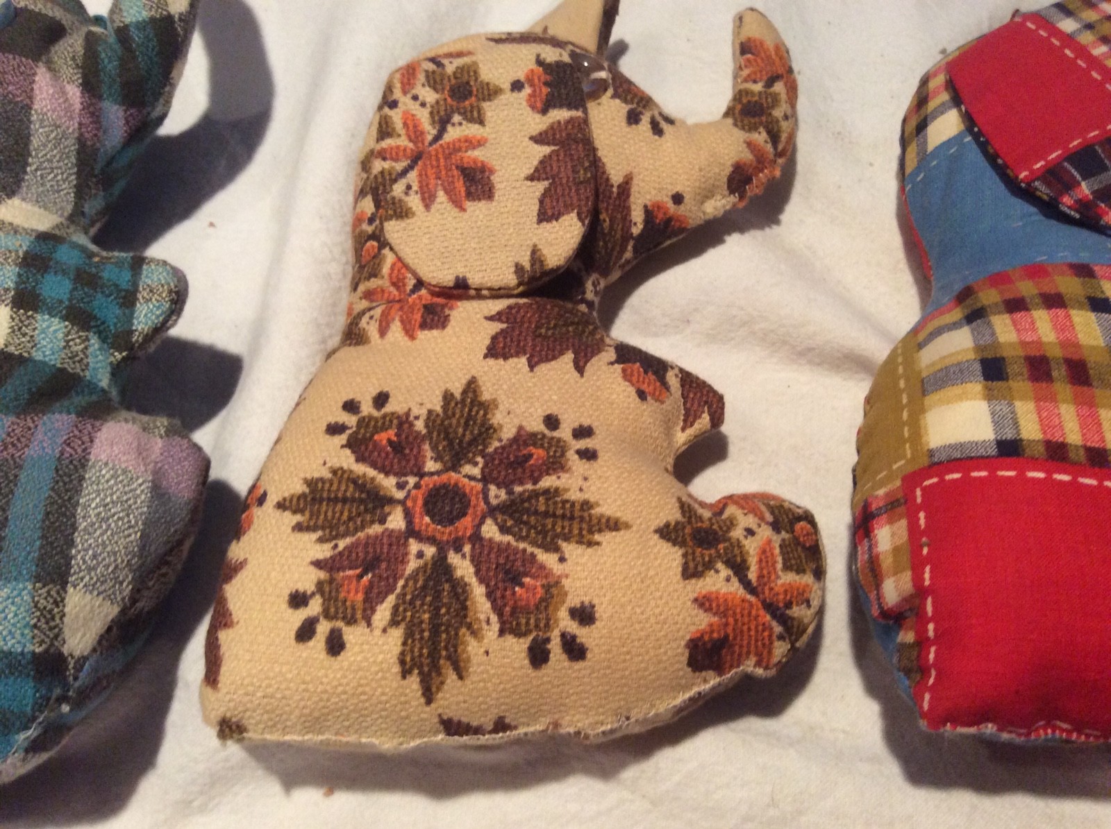 3 Vintage Handmade Material Stuffed Elephants