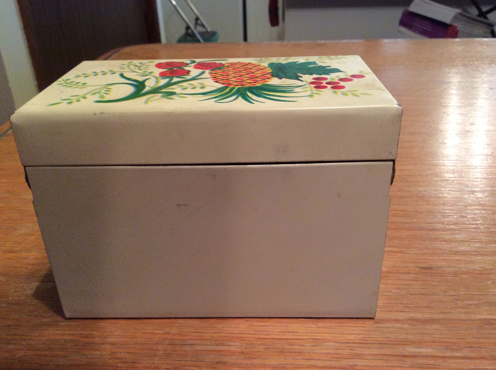 Vintage J.Chein Tin Recipe Box Fruit Made In USA Pineapple Strawberry Nice