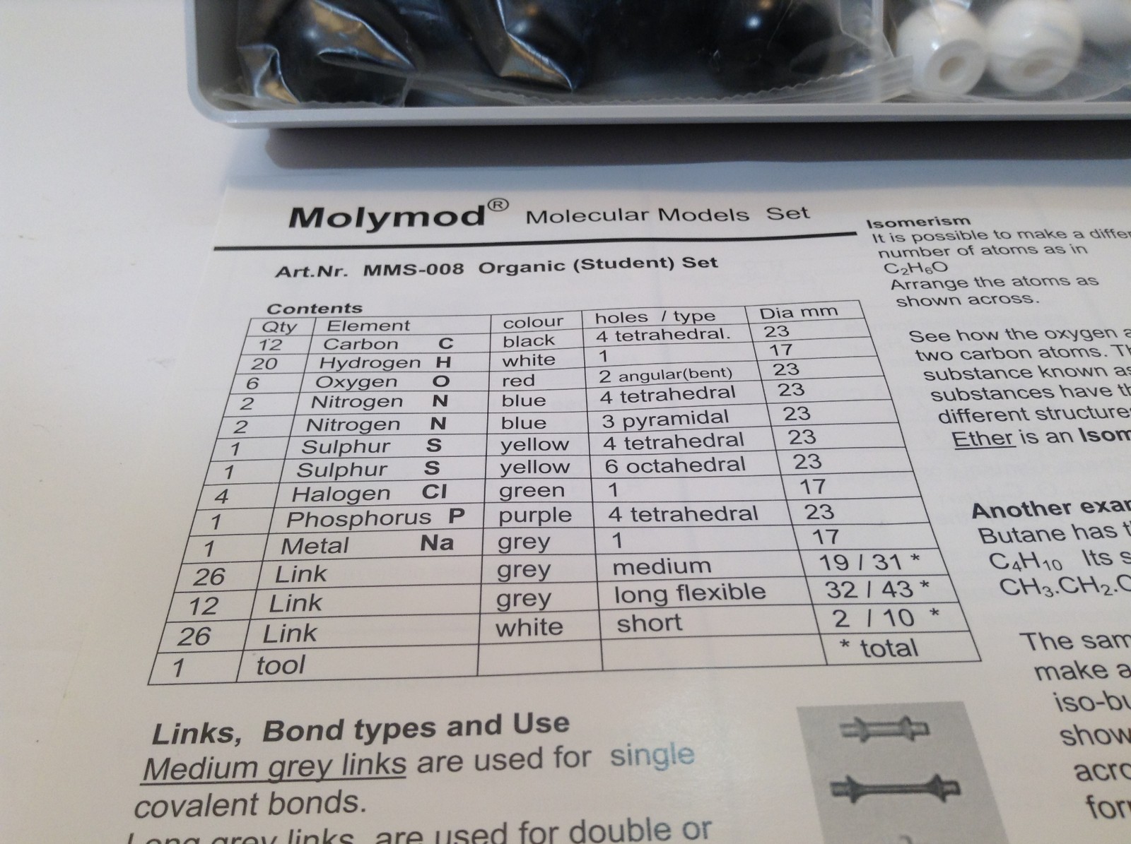 NEW!! Molymod MMS-008 Organic Chemistry Molecular Model Student Set (50 atoms)