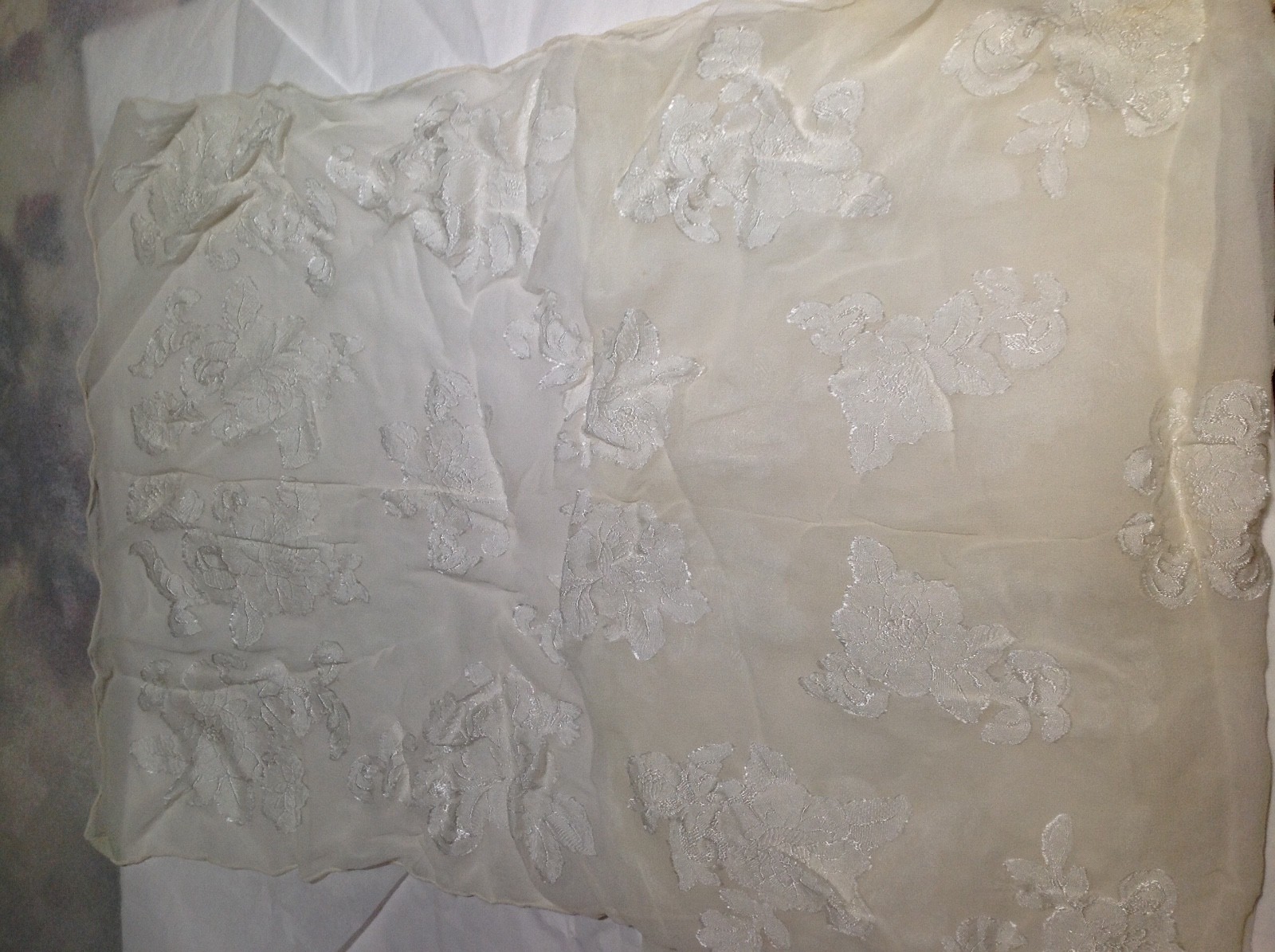 Vintage Women's Tan Off White ? Mantilla embossed w/ Rose Nylon Head/Neck Scarf