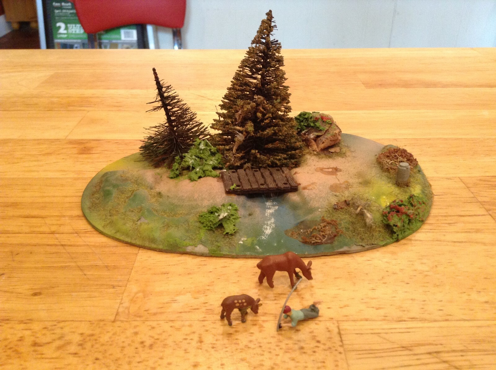 ho scale built diorama boy fishing in stream w/ deer forest tree lot scene acces