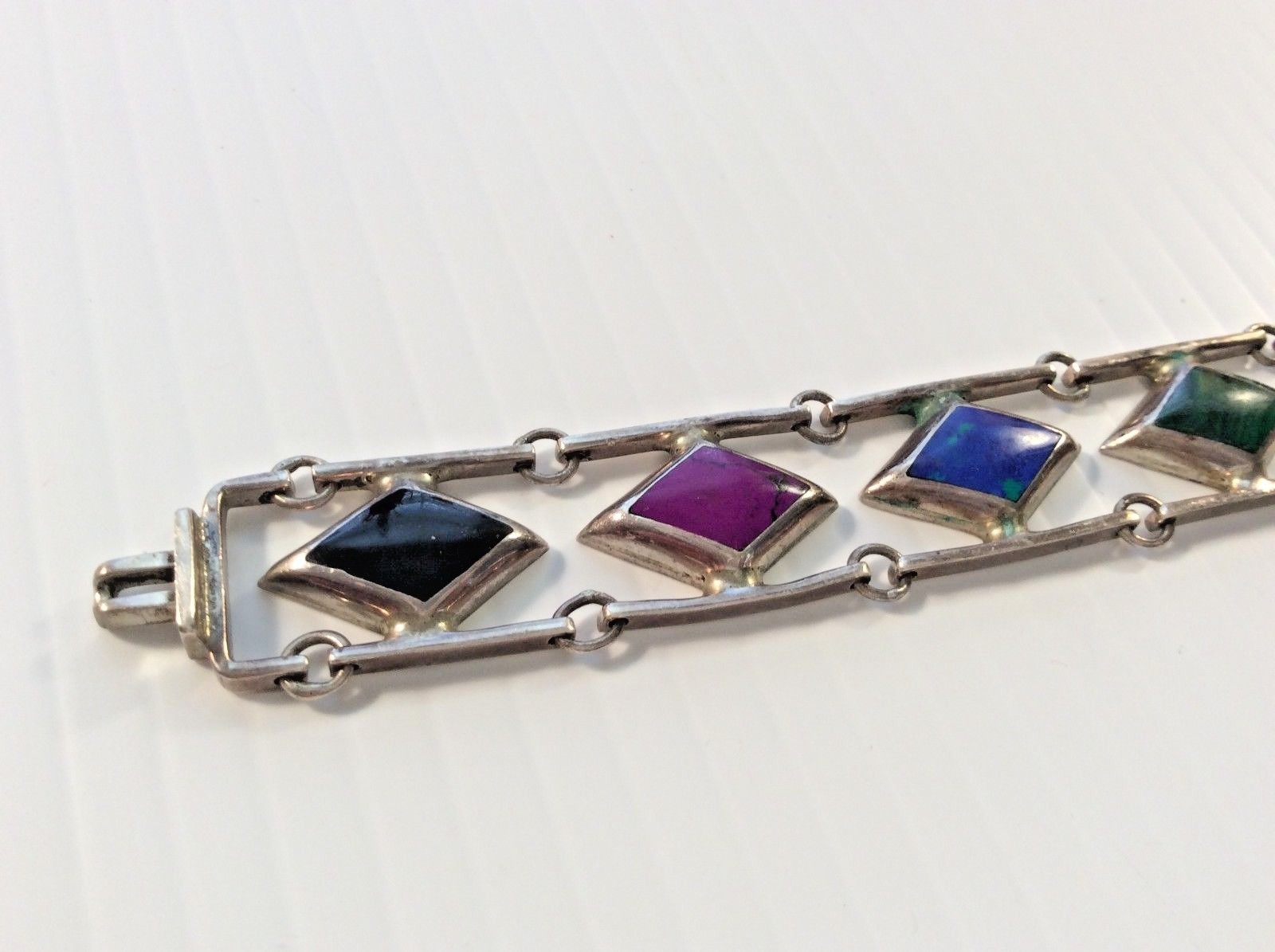 VINTAGE STERLING SILVER SIGNED TM-181 MEXICO BRACELET SEMI-PRECIOUS STONES