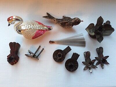 LOT Antique Christmas Tree Decorations, Glass Swan Tin Candle Holders, Mica Bird