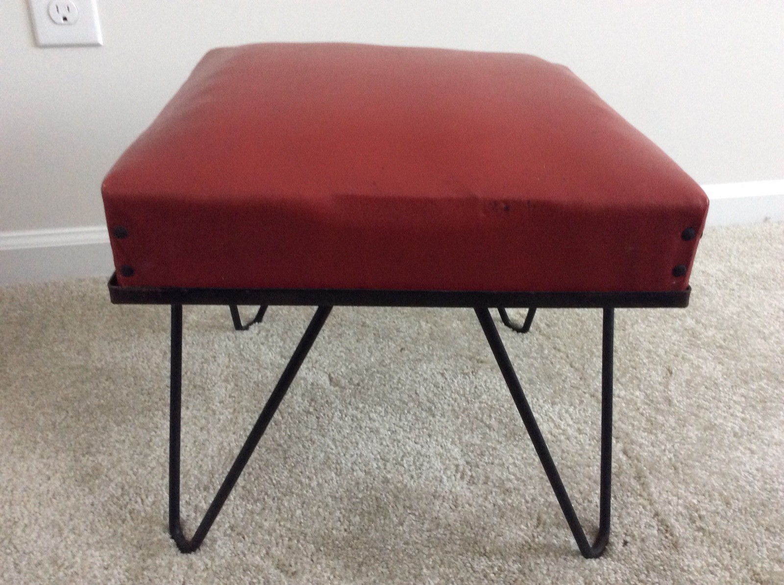 Modern Mid Century Furniture Ottoman Hassock, Hairpin Iron Legs, RED Naugahyde