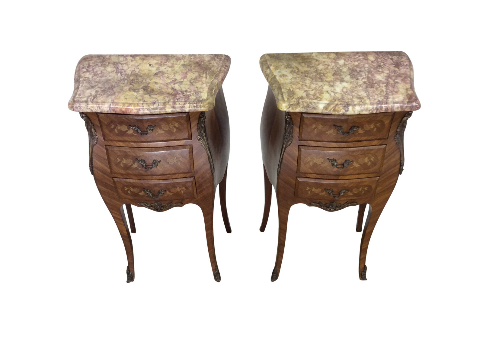 Antique French Nightstands, Marble Top, Walnut with Inlay, 1920-50's