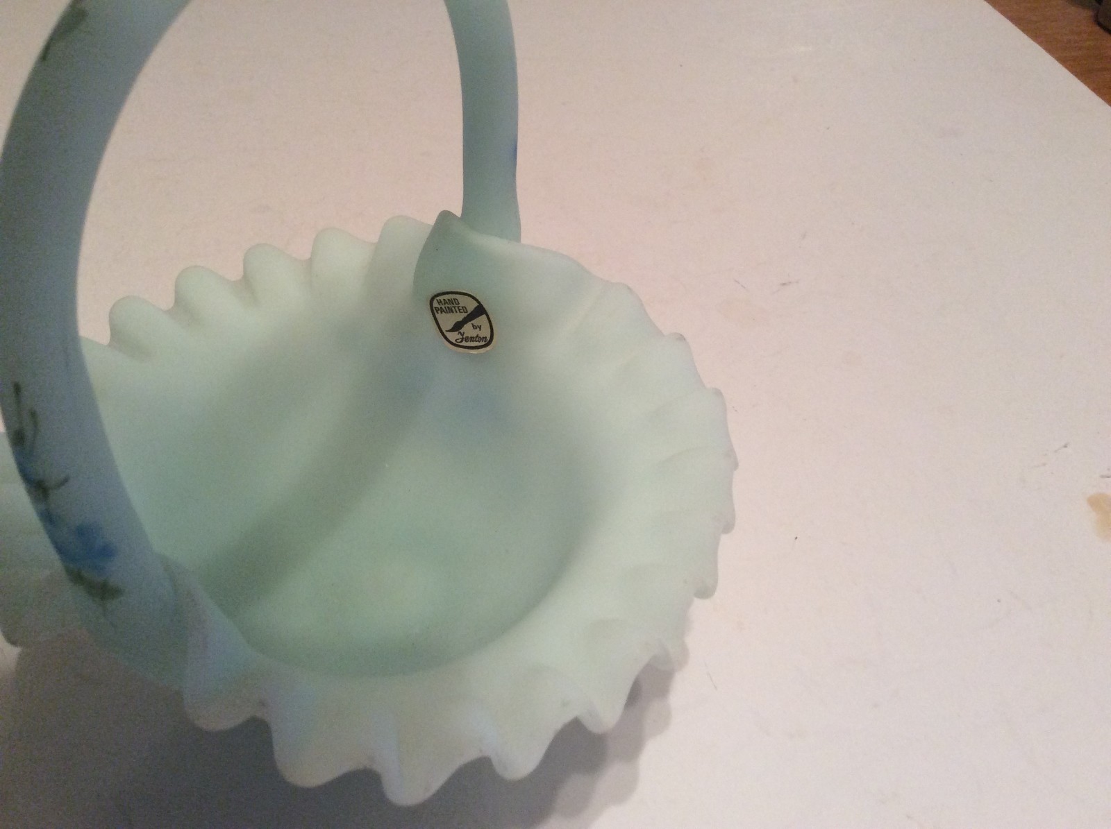 Fenton Hand Painted Blue Basket Signed Ruffled Art Glass 7 1/2
