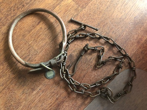 ANTIQUE LEATHER DOG COLLAR & STEEL CHAIN ...