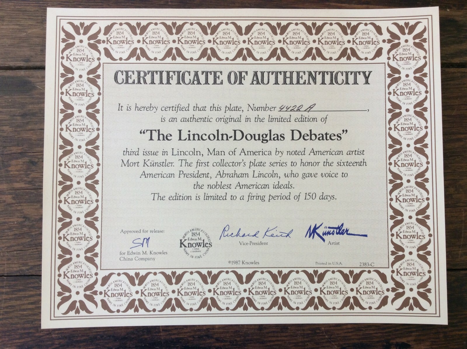 Knowles Collector Plate, Lincoln, Lincoln-Douglas Debates, Orig Box & Papers