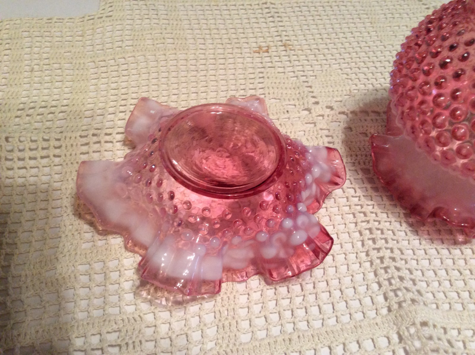 Fenton Cranberry Opalescent Hobnail Ruffle Vase & Dish