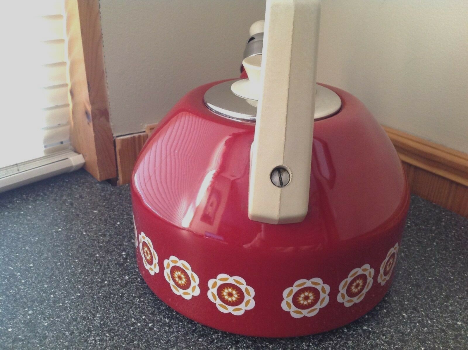 Vintage Red Enamel Tea Kettle Retro Modern