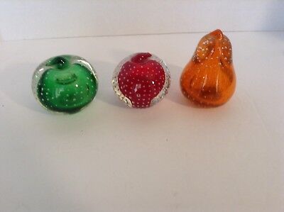 VTG Lefton Fruit Controlled Bubble Glass Paperweight SET of 3 Apple Pear Color
