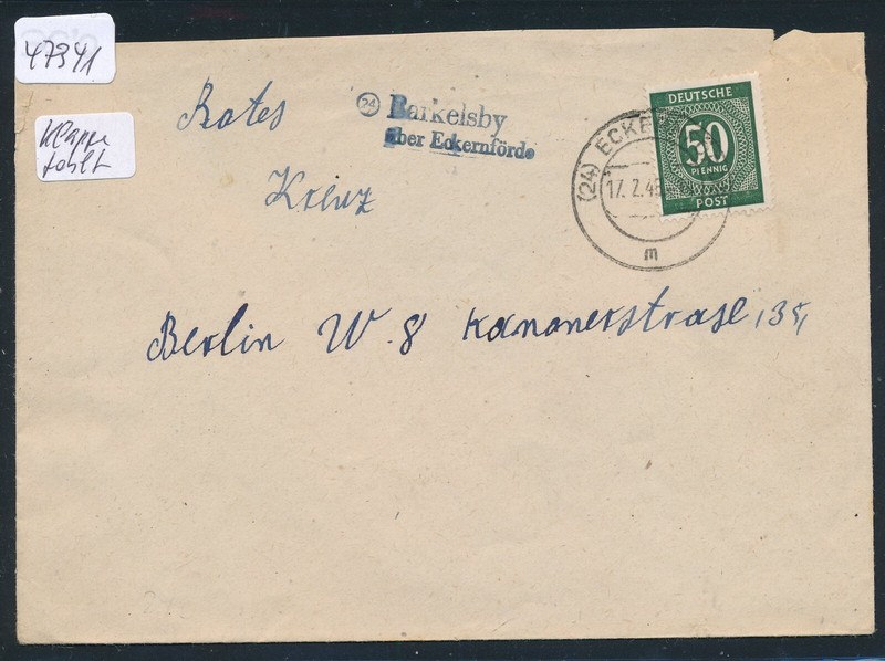 47341) Landpost L2 23 Barkelsby Ã¼Ber EckernfÃ¶Rde 1946 Brf. An Suchdienst Berlin