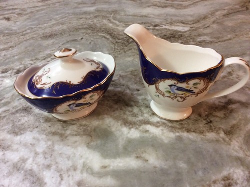 Grace's Teaware Cream And Sugar Dish Set. Royal Blue Beautiful Birds. New.