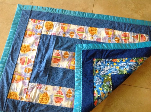 Patchwork Crib Quilt, Rectangle Log, Fish Prints, Air Balloon Prints, Reversible