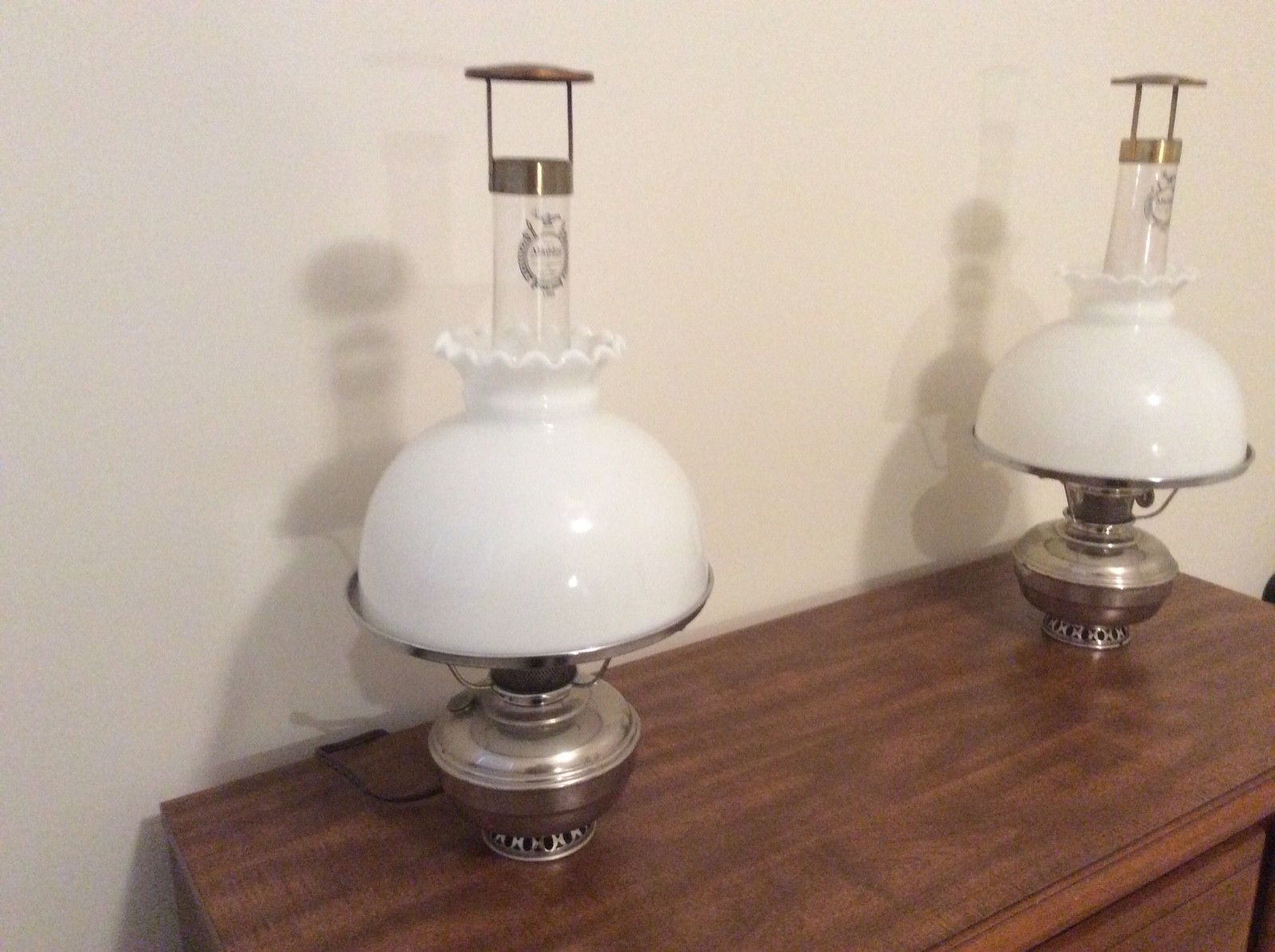 TWO Vintage Antique Aladdin Model No. 11 Oil Lamps With Shades and Chimneys