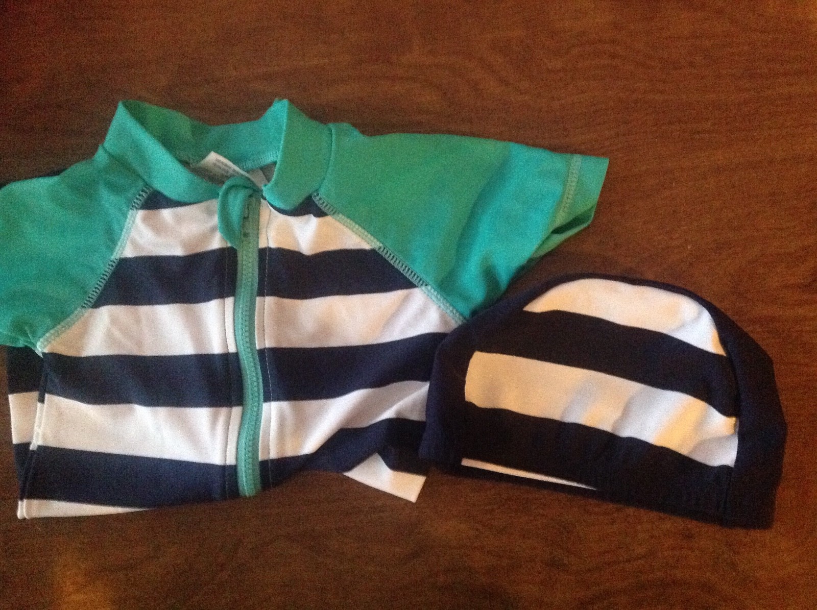 WISHERE - 6-12 M Baby Boy One-Piece Swimsuit Sunsuit Rash Guard Striped +hat