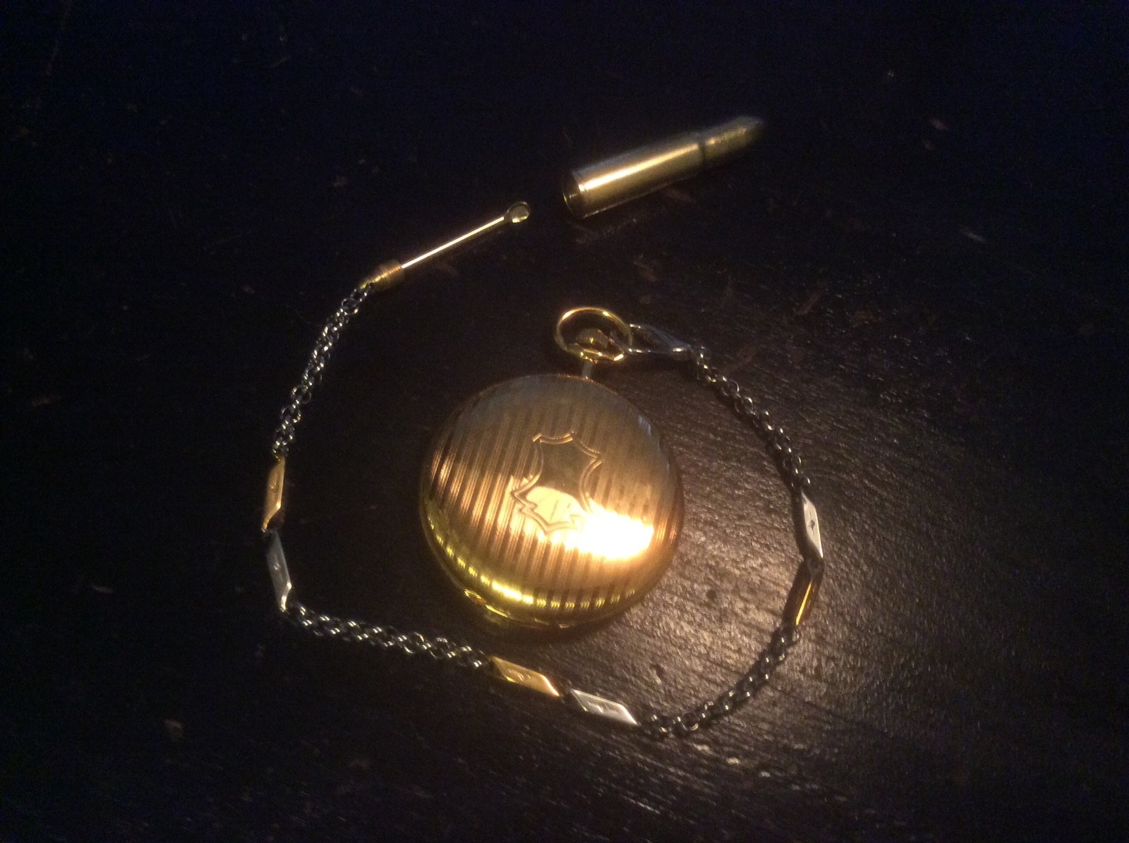 Working Gold Tone Pocket Watch With Two Tone Chain and Snuff Bullet Fob