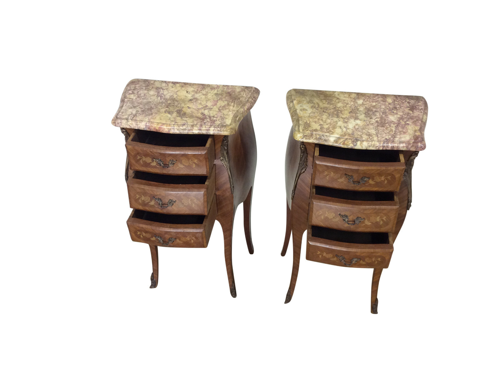 Antique French Nightstands, Marble Top, Walnut with Inlay, 1920-50's