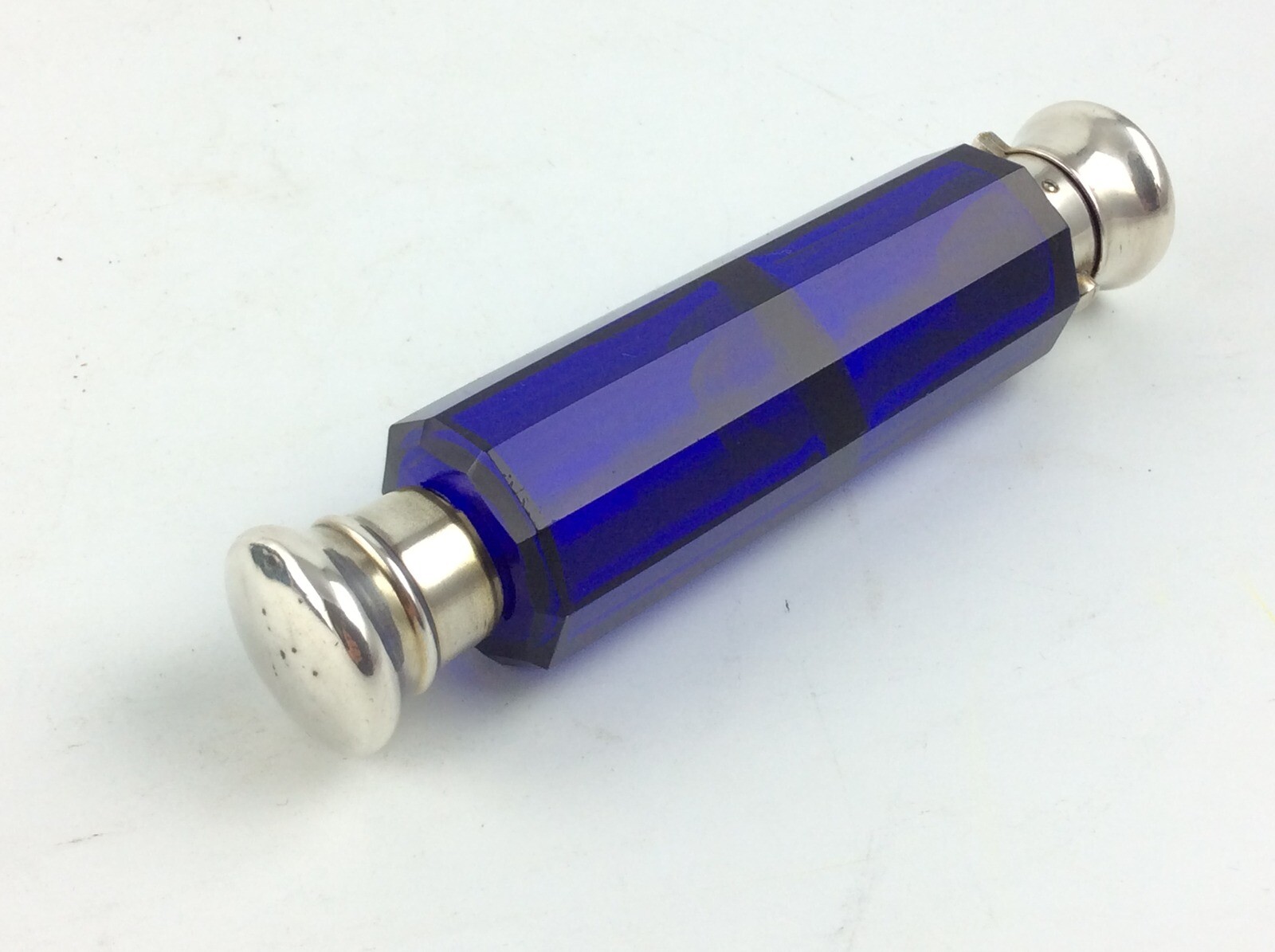 Antique Victorian Cobalt blue cut glass lay down dual perfume scent bottle