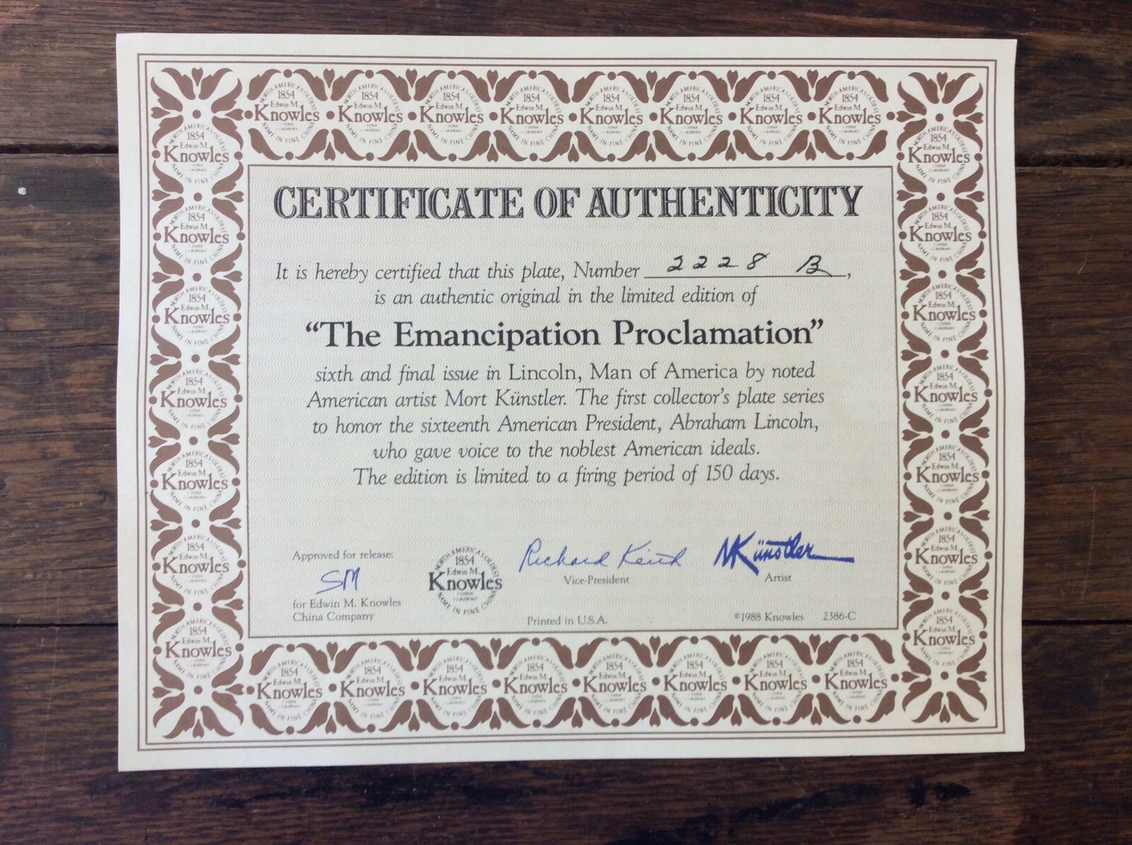 Knowles Collector Plate, Lincoln, Emancipation Proclamation, Orig Box & Papers