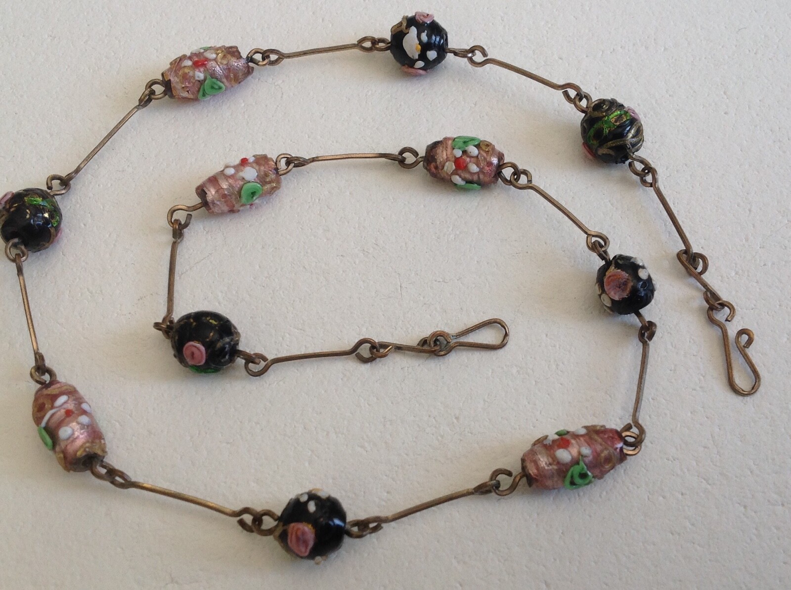Vintage 1920 Art Deco Italian Venetian Wedding Cake Glass Bead Necklace On Brass