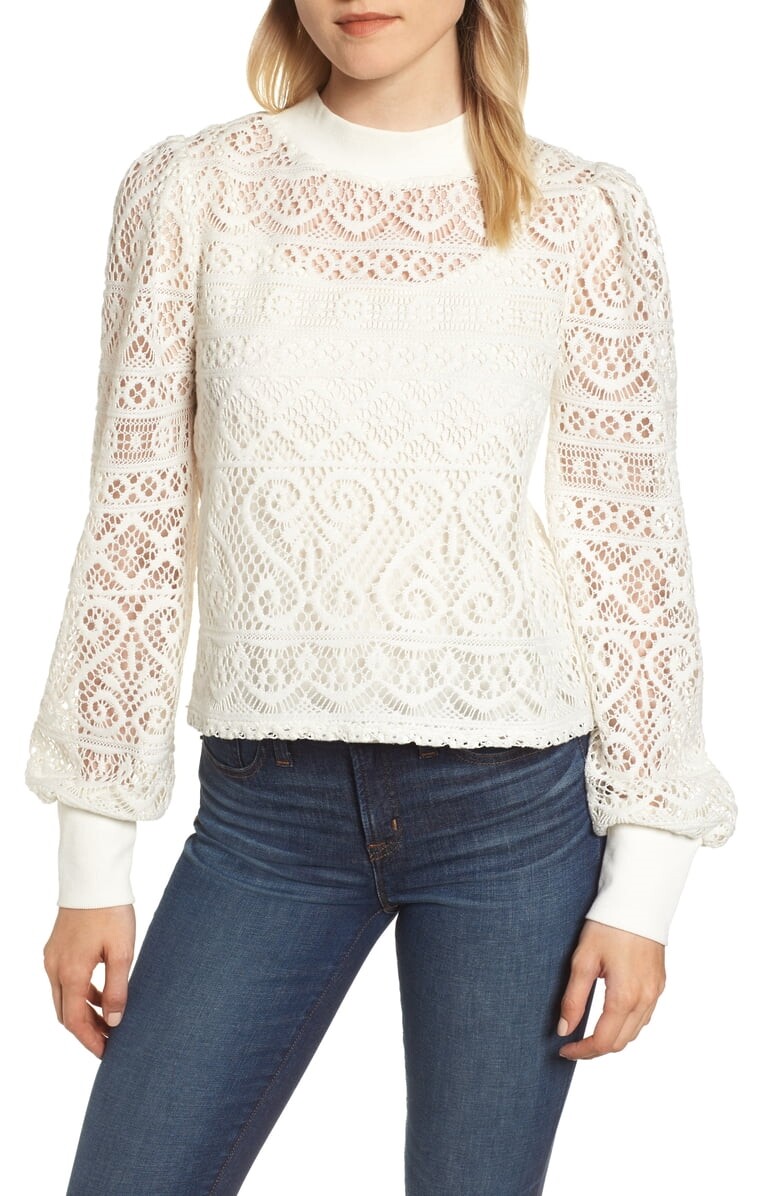 1.STATE 153157 Women's Long Sleeve Lace Detail Crop Blouse Soft Ecru Sz. XS