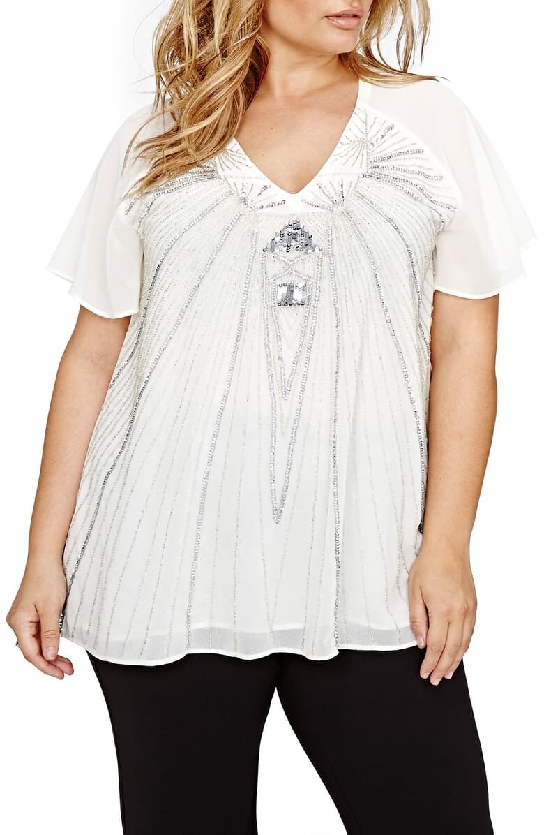 MICHEL STUDIO 154475 Women's Swing Embellished Blouse Short Sleeve Ivory Sz. 14