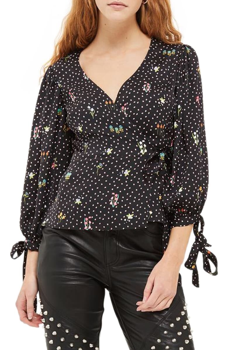 TOPSHOP 158651 Women's Floral Balloon Sleeve Wrap Blouse Black Sz. 6 US