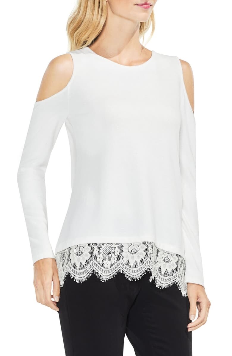Vince Camuto 154731 Women's Lace-Trim Cold-Shoulder Top Ivory Sz. Small