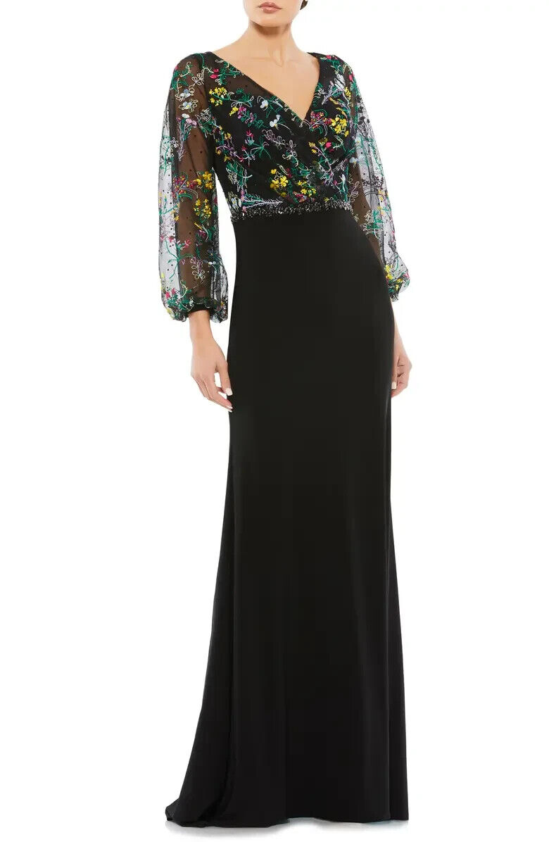 Pre-owned Mac Duggal Black Floral Illusion Beaded Waist Long Sleeve Column Gown Sz 2 $498