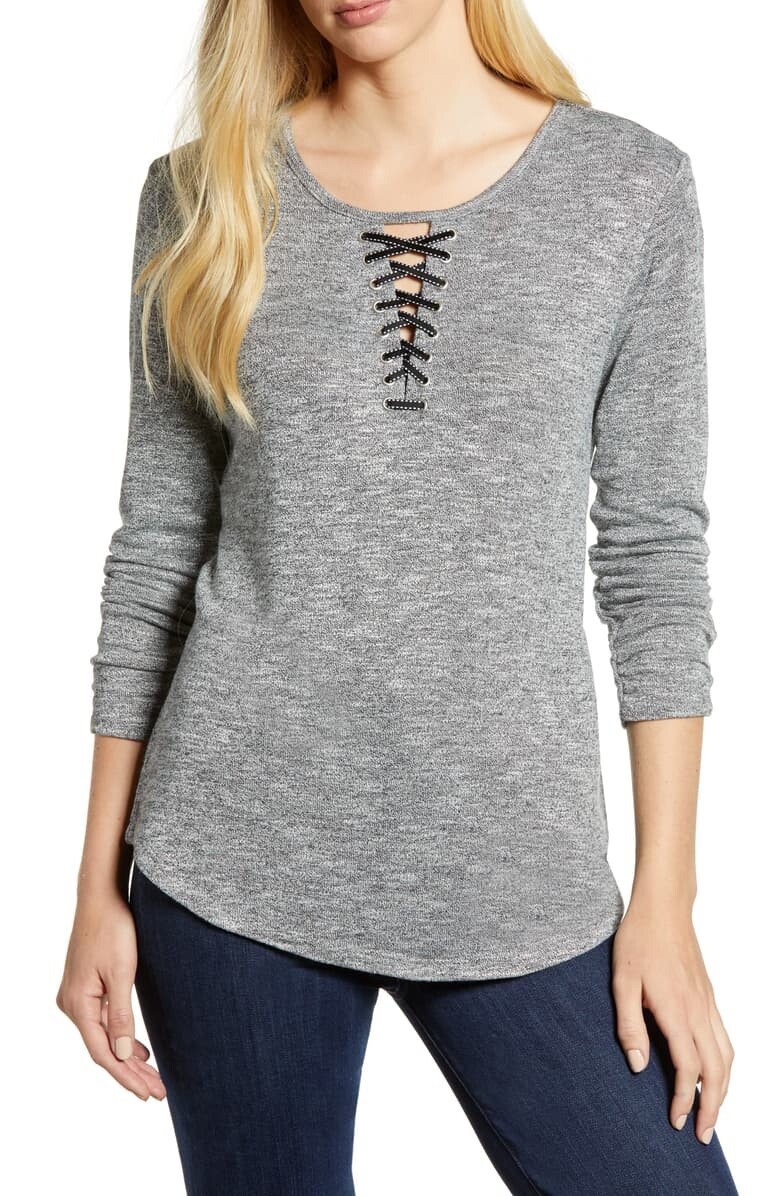 Wit & Wisdom 163491 Women's Crew Neck Lace-Up Long Sleeve Pullover Gray Sz. XS