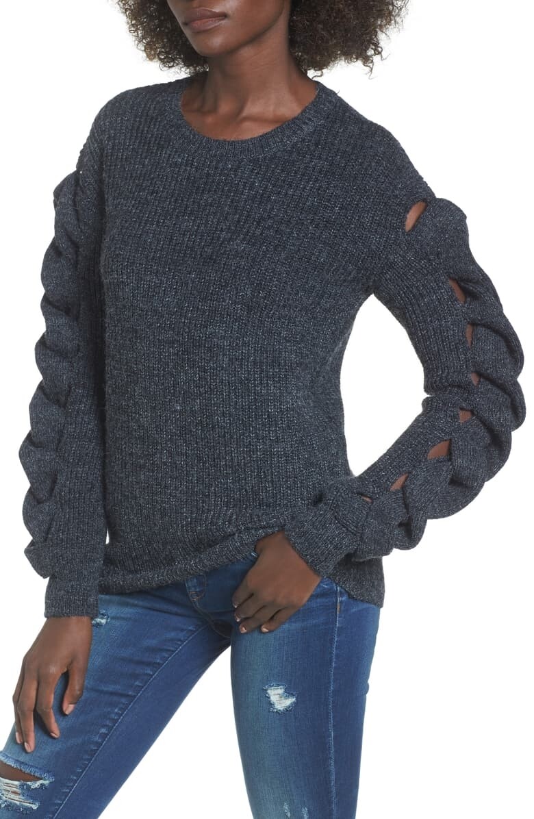 LEITH 164919 Women's Crew Neck Twist Sleeve Sweater Dark Gray Sz. Large