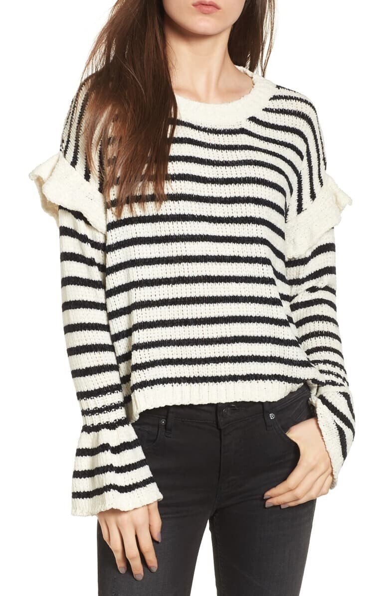 WOVEN HEART 164571 Women's Stripe Ruffle Sweater Ivory/Black Sz. Medium