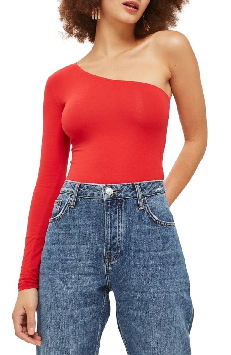 Topshop 165444 Womens One-Shoulder Cotton Blend Bodysuit Red Size 10 US