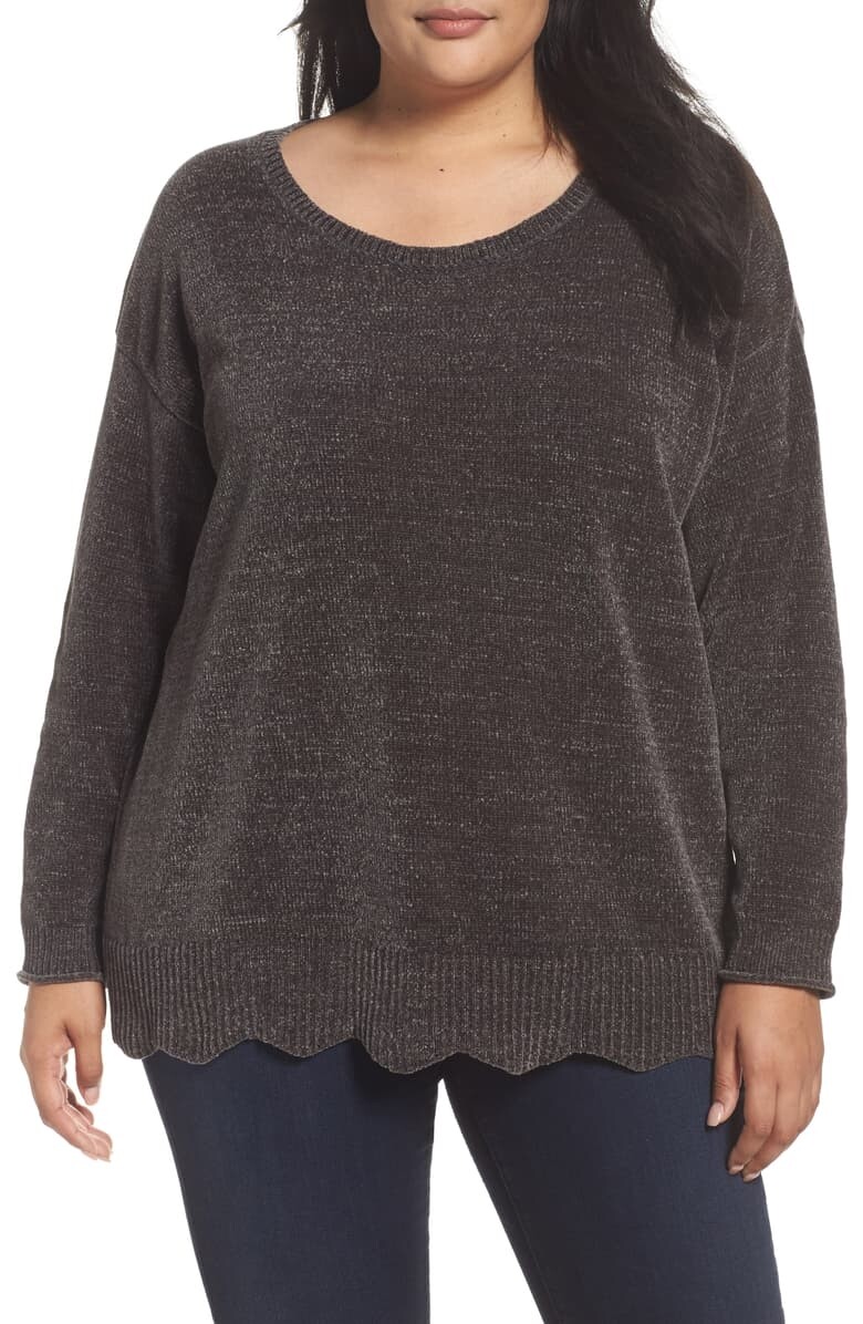 Sejour 164641 Women's Scallop Hem Sweater Plus Size Gray Magnet Sz. 1X