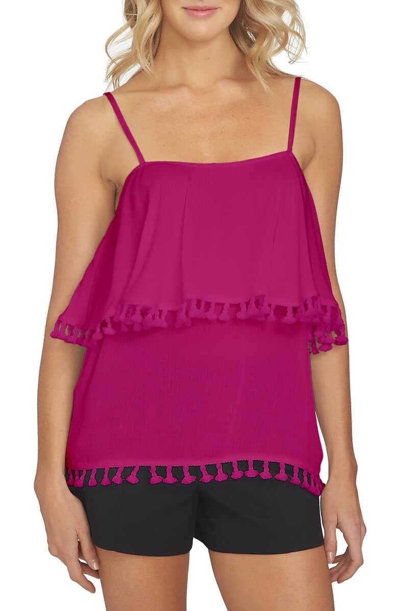 1.state 154396 Women's Tassel Ruffled Pom Pom Tank Top Tropic Berry Sz. XL