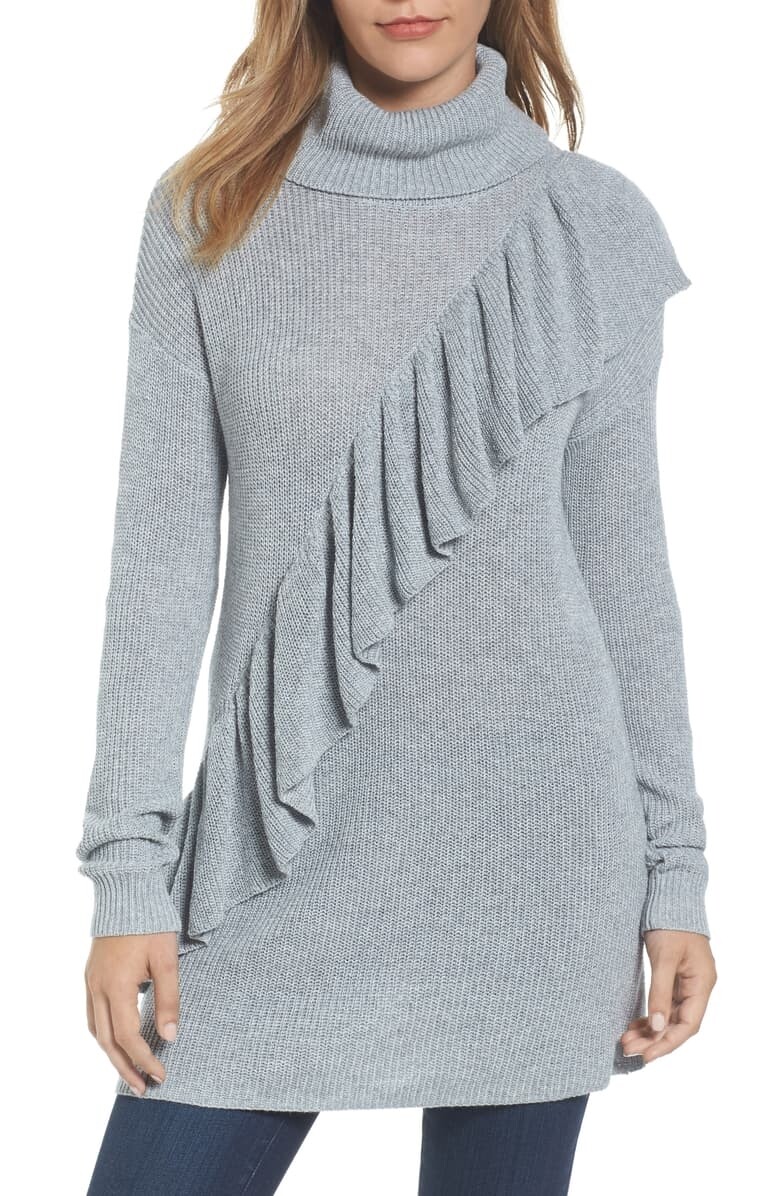 Halogen 164903 Women's Ruffle Front Turtleneck Tunic Sweater Gray Sz. XL