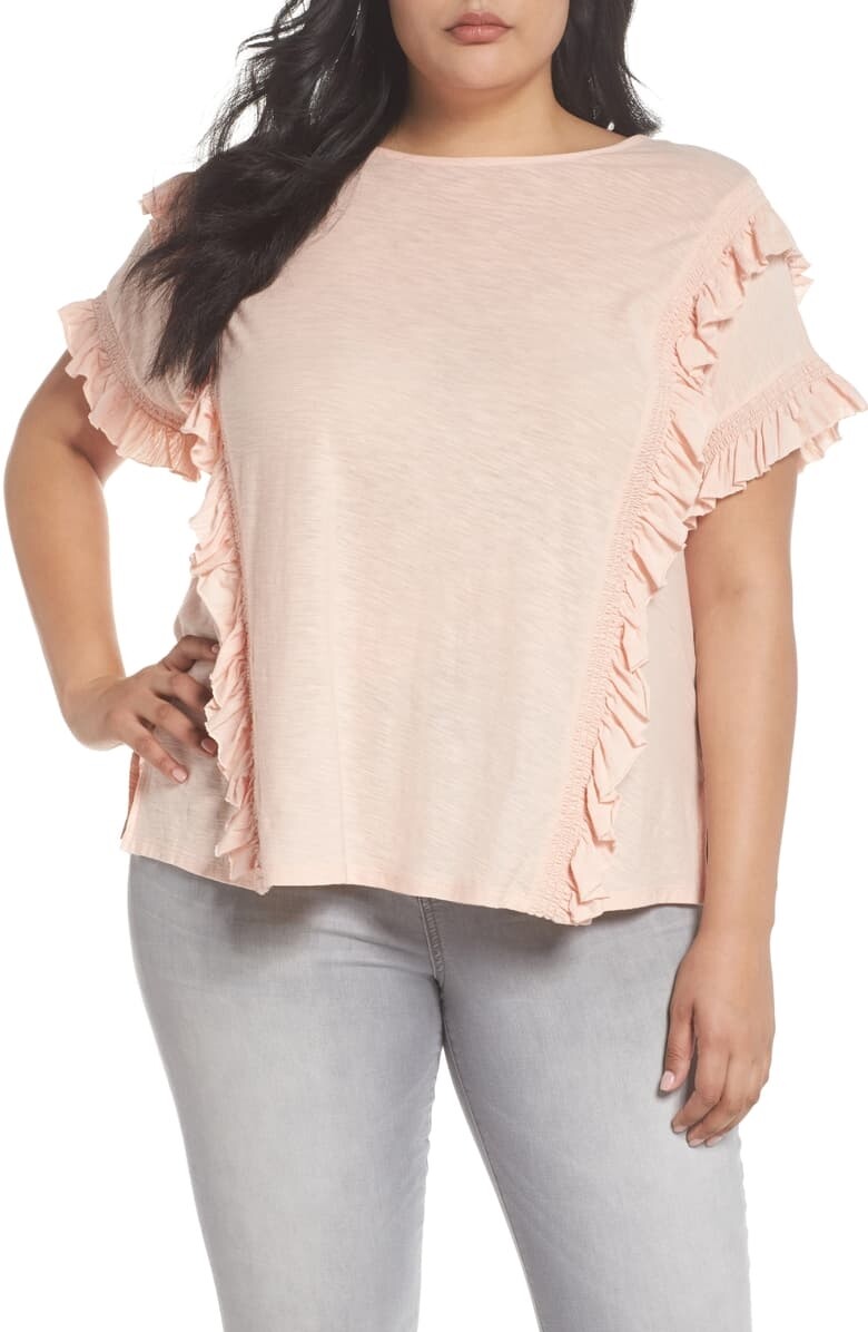 VINCE CAMUTO 155859 Women's Ruffle Trim Tee Plus Size French Pea Sz. 1X