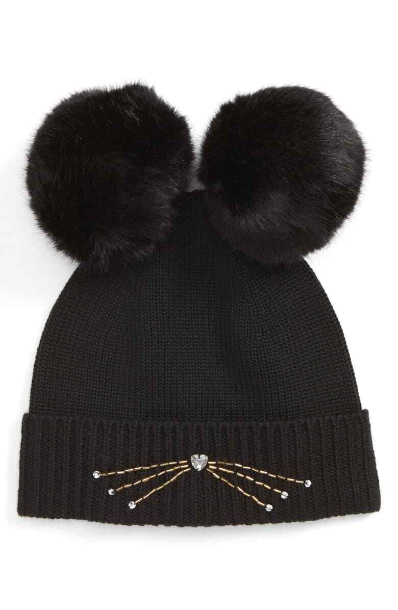 

KATE SPADE New York Шапка-бини из шерсти с украшением в форме котенка и помпонами из искусственного меха ОДИН РАЗМЕР OS, Черный