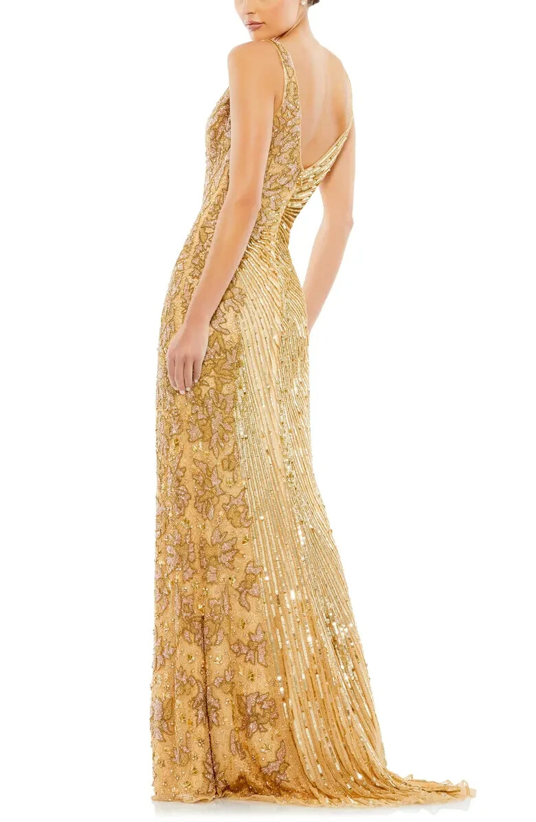 Pre-owned Mac Duggal Gold Beaded Sequin Column Gown Size 10 $598