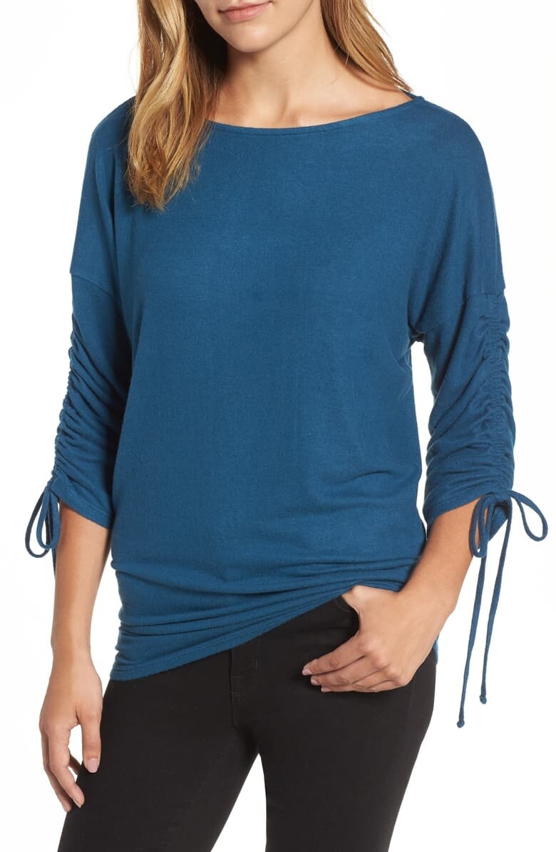 GIBSON 164957 Women's Cozy Tie Sleeve Pullover Blue Ceramic Sz. Medium