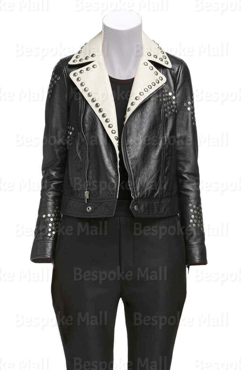 Pre-owned Handmade Woman's Black White Silver Star Studded Stylish Biker Leather Jacket-141