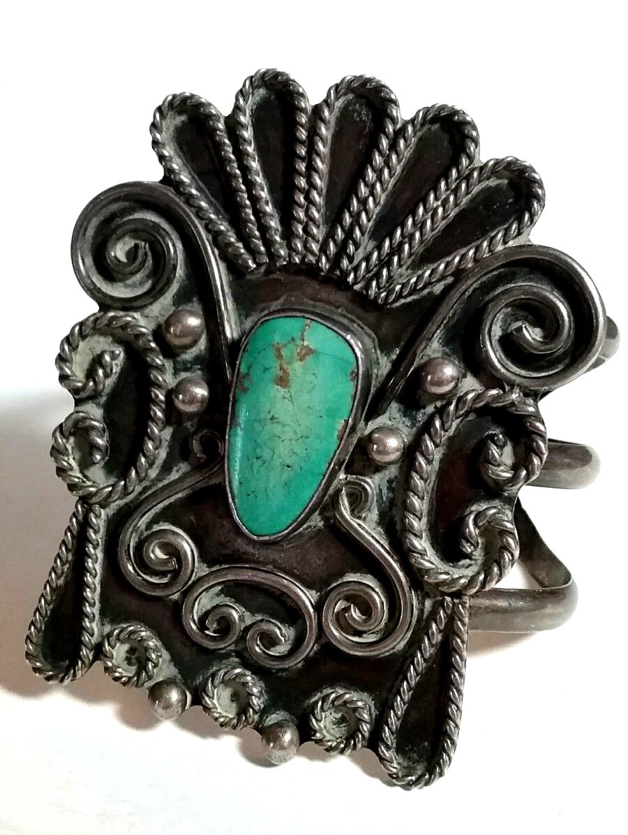 VINTAGE LARGE SOUTHWEST STERLING SILVER TURQUOISE WIDE CUFF BRACELET REPAIR