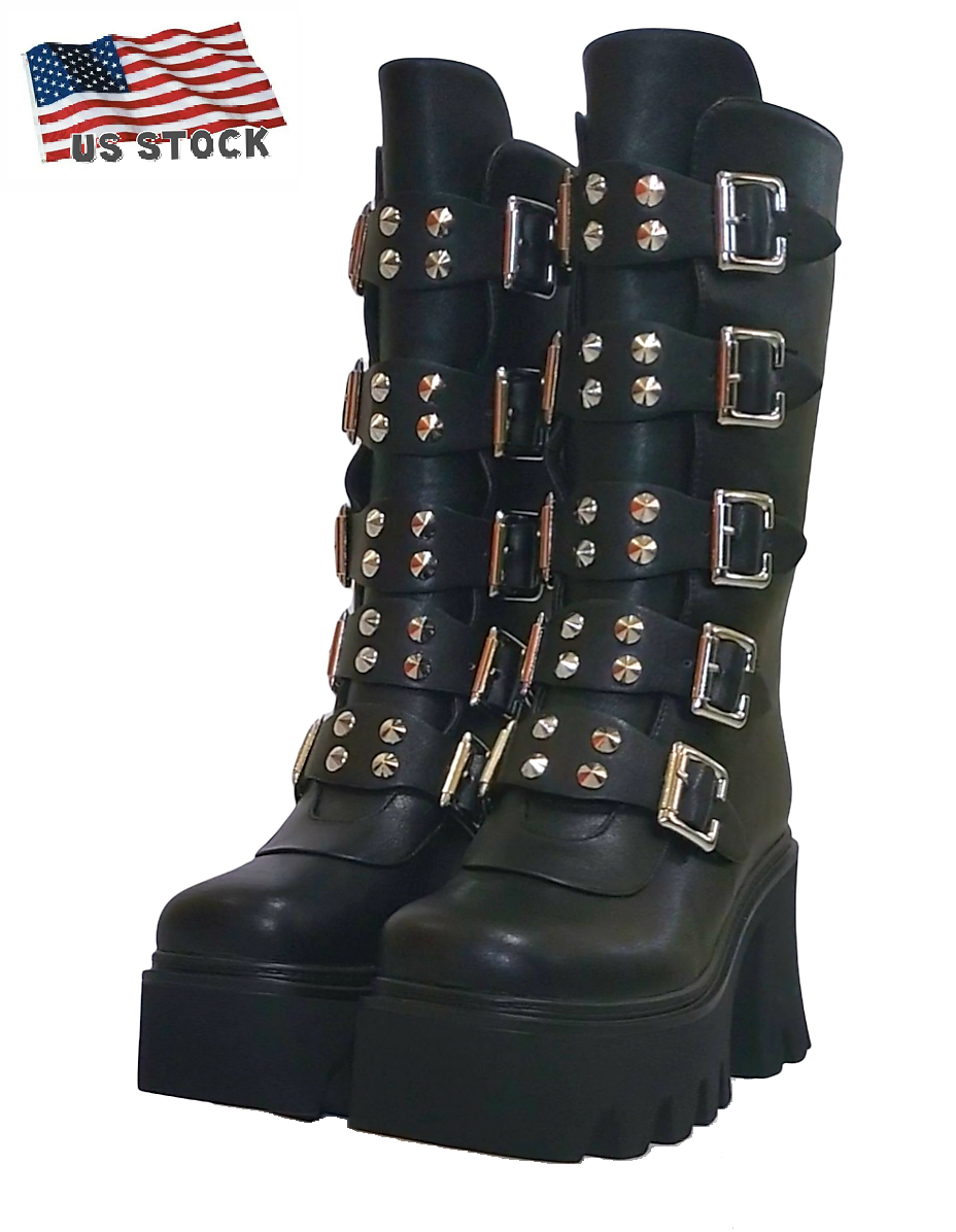 Women Black Gothic Platform Boots Vegan Combat Chunky Punk