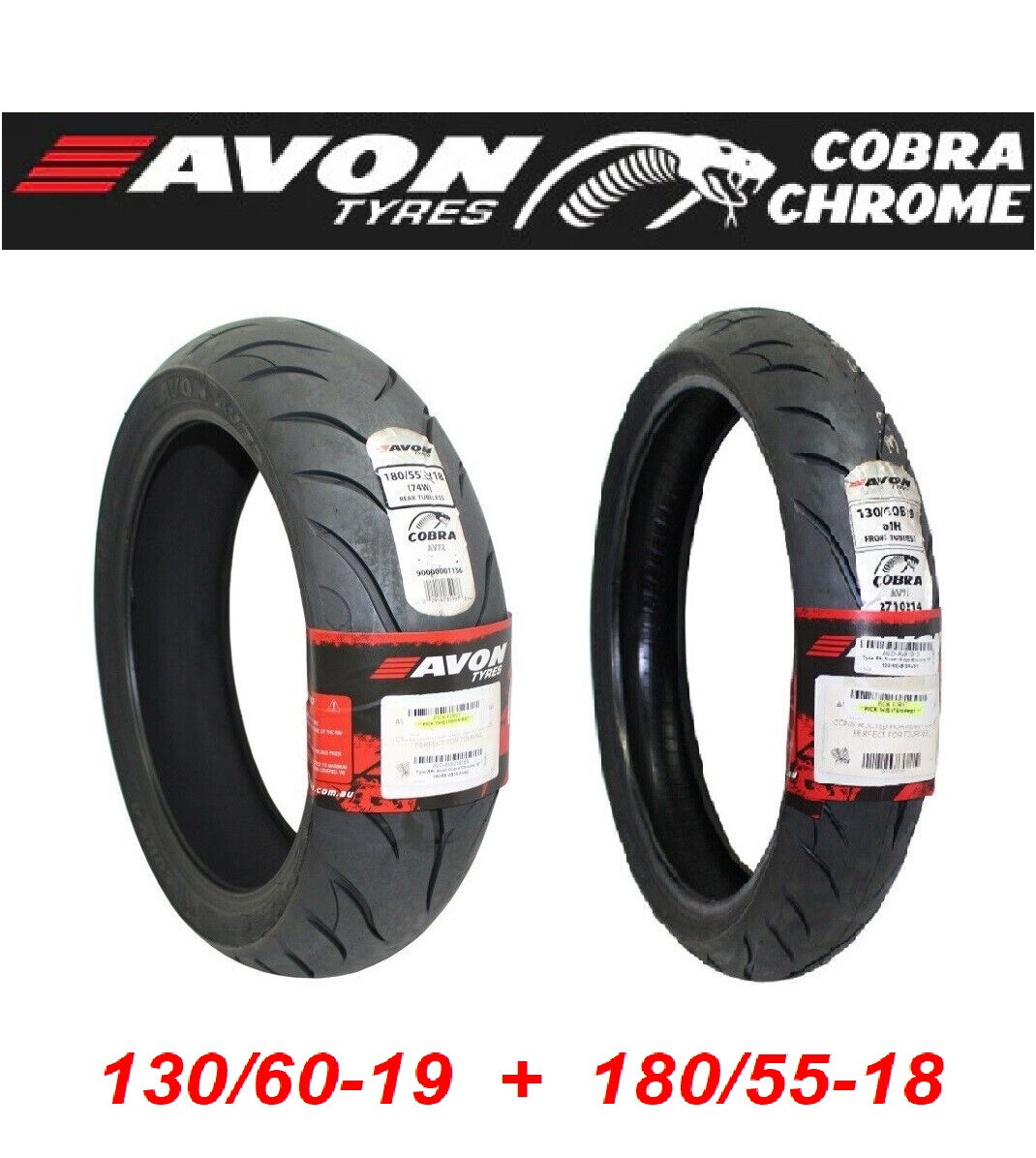 AVON COBRA CHROME FRONT 130/60-19 & 180/55-18 TIRE SET