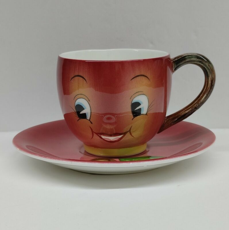 Vintage Anthropomorphic Apple Face Teacup and Saucer Set PY Japan NC Coronet
