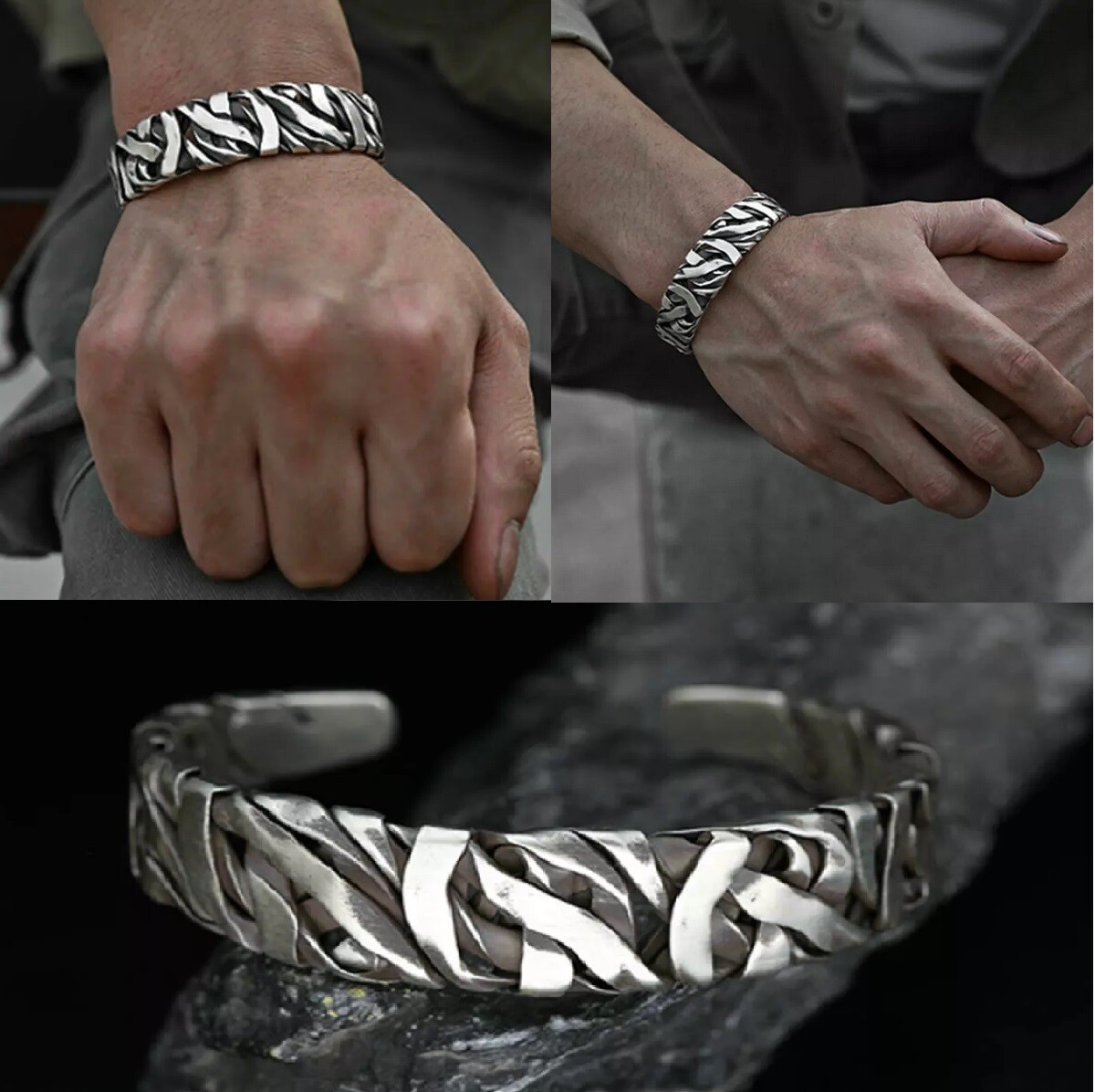 Sterling Silver Men's Retro Twisted Open Wide Bracelet