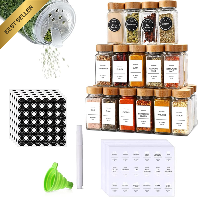 15Pcs Glass Spice Jars with Labels 4Oz Squar Spice Containers with Lids Seasonin