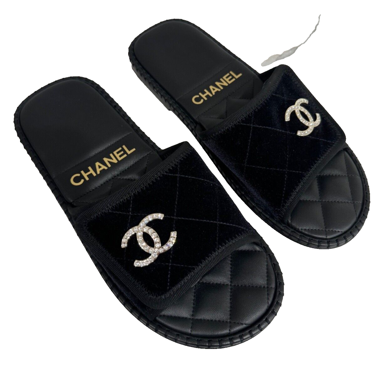 Chanel 23M Black Velvet Crystal CC Logo Hotel Mule Slide Chanel 23M Black Velvet Crystal CC Logo Hotel Mule Slide